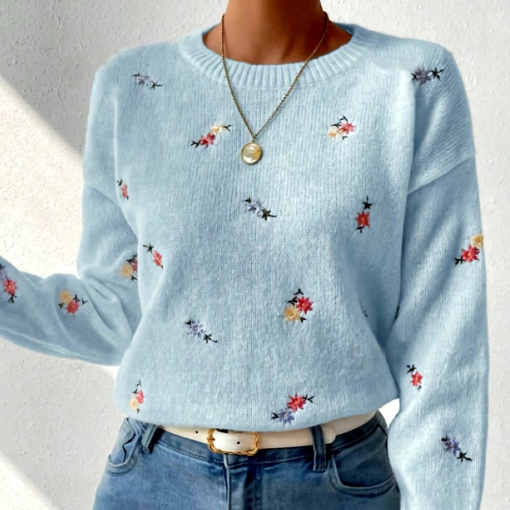 Floral Embroidered Light Blue Sweater💙🌹🪻🌸 first two pics  belong to TikTok.